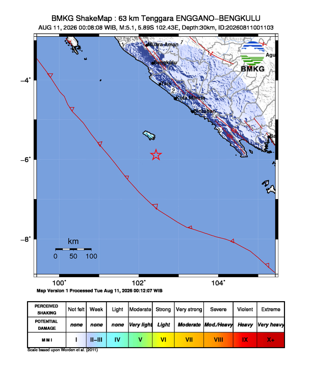 Gempa Magnitudo 5.1, 63km dari Tenggara Enggano, Bengkulu