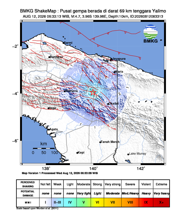 Gempa Magnitudo 4.7, 69km dari Tenggara Yalimo, Papua Pegunungan