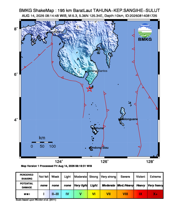 Gempa Magnitudo 5.3, 195km dari Barat Laut Tahuna, Kepulauan Sangihe - Sulawesi Utara