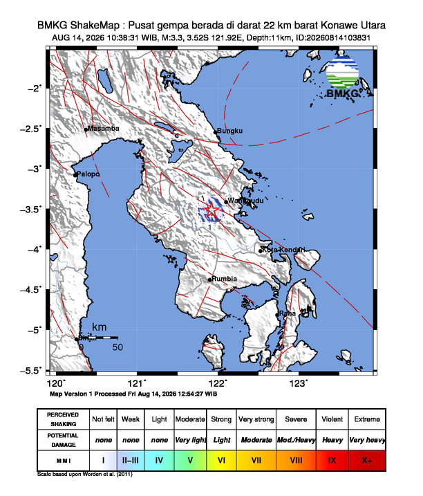Gempa Magnitudo 3.3, 22km dari Barat Konawe Utara, Sulawesi Tenggara