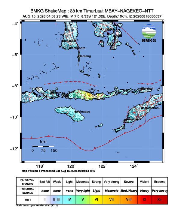 Gempa Magnitudo 7.0, 38km dari TimurLaut MBAY-NAGEKEO-NTT