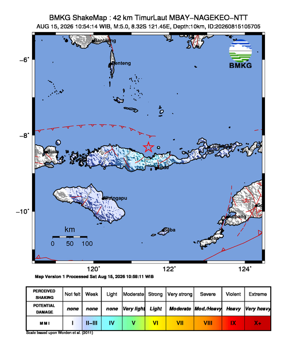 Gempa Magnitudo 5.0, 42km dari TimurLaut MBAY-NAGEKEO-NTT