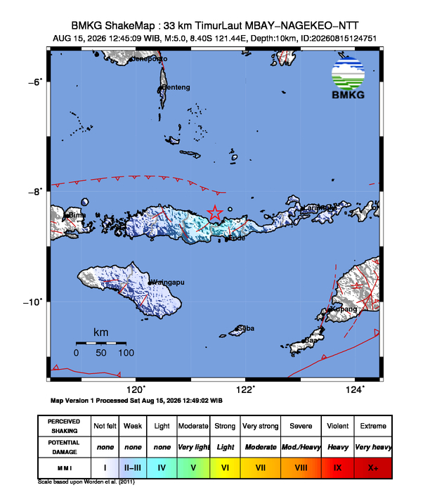 Gempa Magnitudo 5.0, 33km dari TimurLaut MBAY-NAGEKEO-NTT