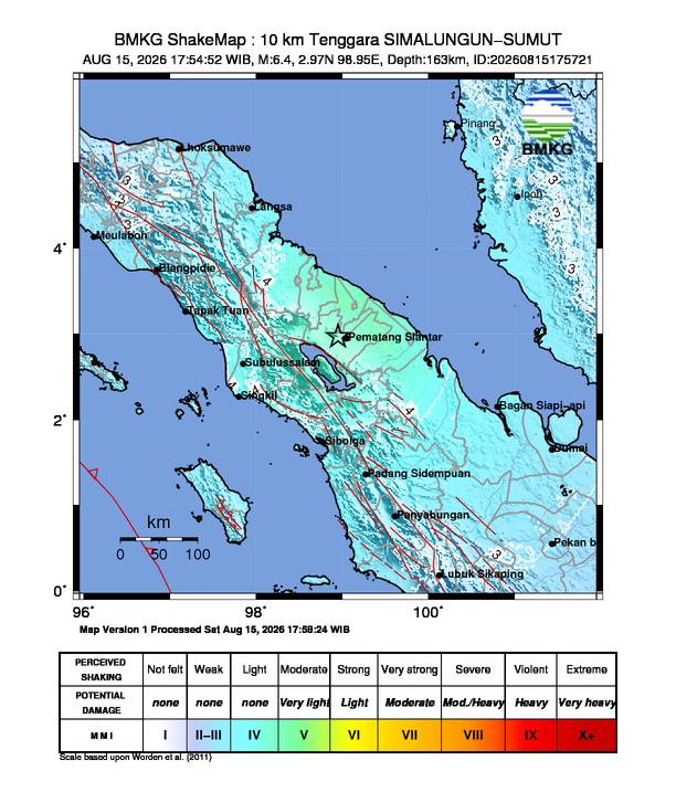 Gempa Magnitudo 6.4, 10km dari Tenggara Simalungun, Sumatera Utara