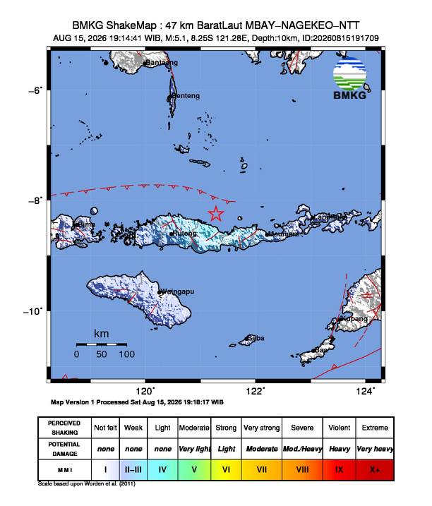 Gempa Magnitudo 5.1, 47km dari BaratLaut MBAY-NAGEKEO-NTT