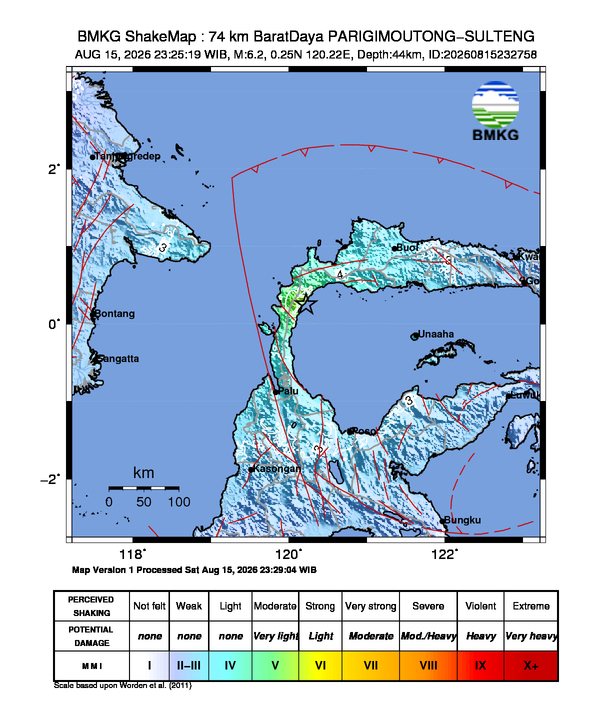 Gempa Magnitudo 6.2, 74km dari Barat Daya Parigi Moutong, Sulawesi Tengah