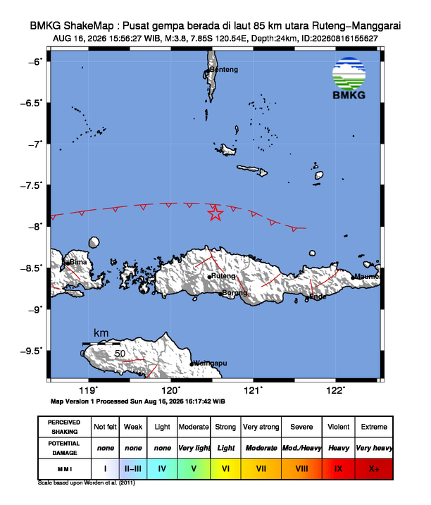 Gempa Magnitudo 3.8, 85km dari utara Ruteng, Manggarai, Nusa Tenggara Timur