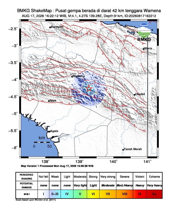 Gempa Magnitudo 4.1, 42km dari Tenggara Wamena, Papua