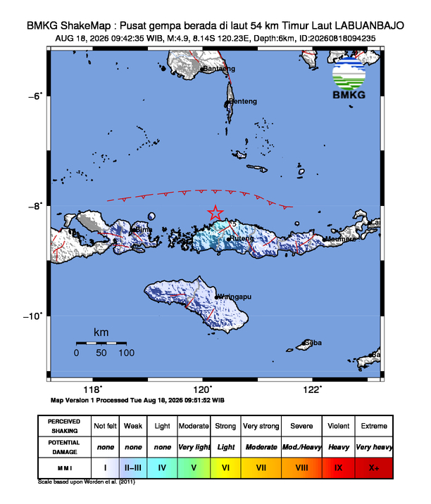 Gempa Magnitudo 4.9, 54km dari Timur Laut Labuan Bajo, Nusa Tenggara Timur