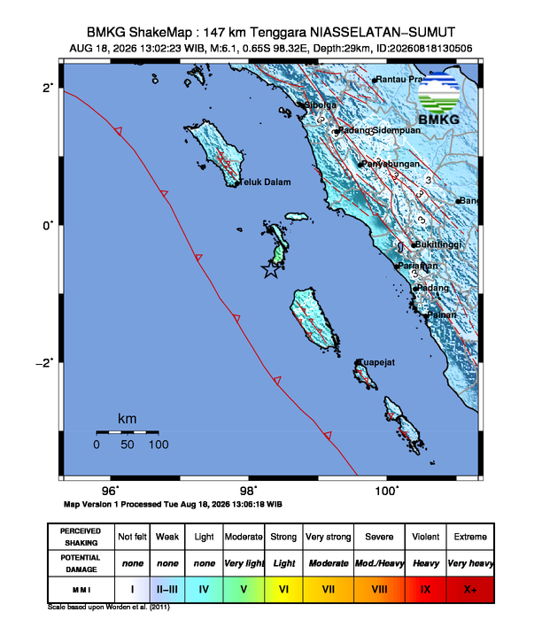 Gempa Magnitudo 6.1, 147km dari Tenggara Nias Selatan, Sumatera Utara