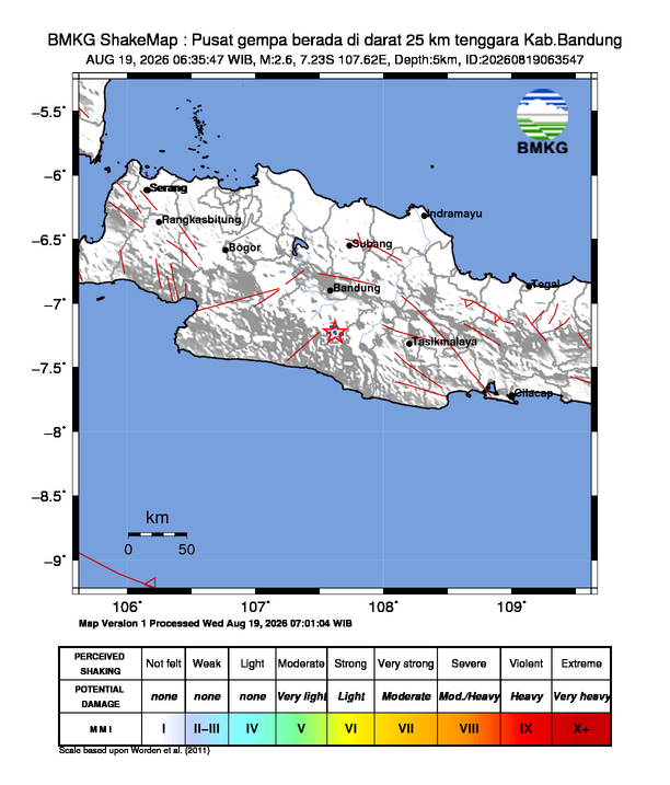 Gempa Magnitudo 2.6, 25km dari Tenggara Bandung, Jawa Barat
