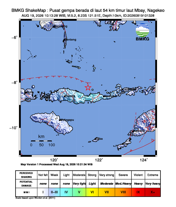 Gempa Magnitudo 5.2, 54km dari timur laut Mbay, Nagekeo