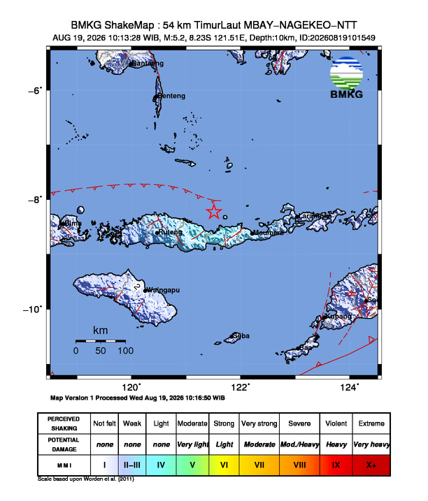 Gempa Magnitudo 5.2, 54km dari Timur Laut Nagekeo, Nusa Tenggara Timur