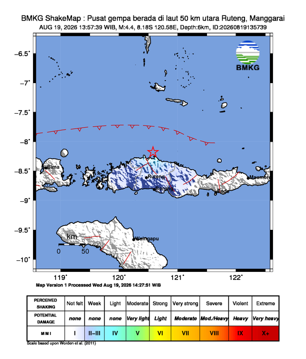 Gempa Magnitudo 4.4, 50km dari utara Ruteng, Manggarai, NTT