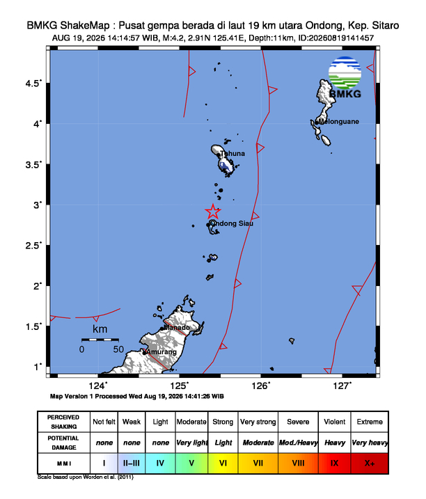 Gempa Magnitudo 4.2, 19km dari Utara Ondong, Sulawesi Utara, Sulawesi Utara