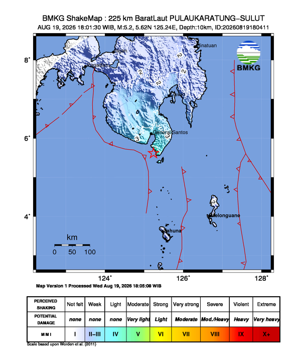 Gempa Magnitudo 5.2, 225km dari Barat Laut Pulau Karatung, Sulawesi Utara