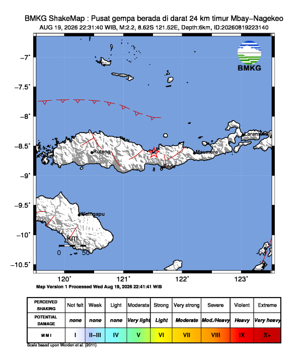 Gempa Magnitudo 2.2, 24km dari timur Mbay-Nagekeo