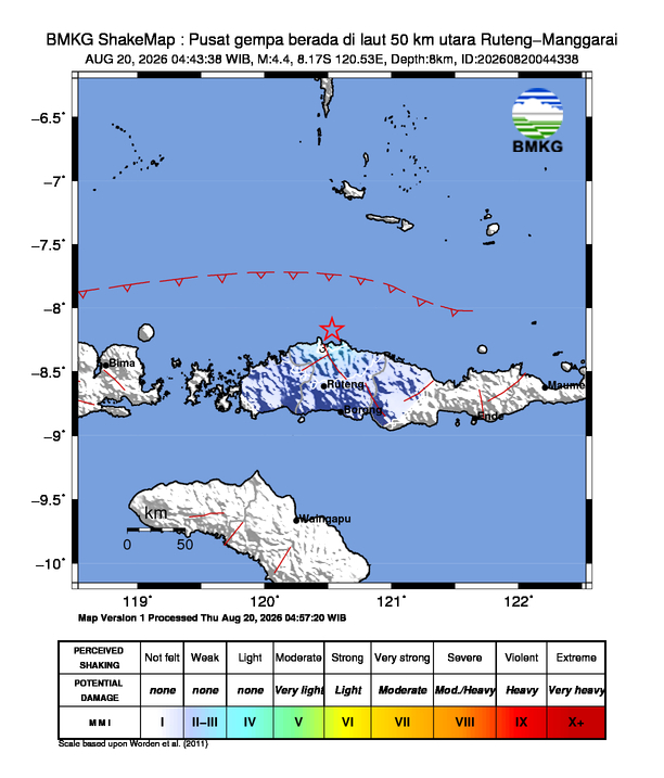 Gempa Magnitudo 4.4, 50km dari utara Ruteng, Manggarai, NTT