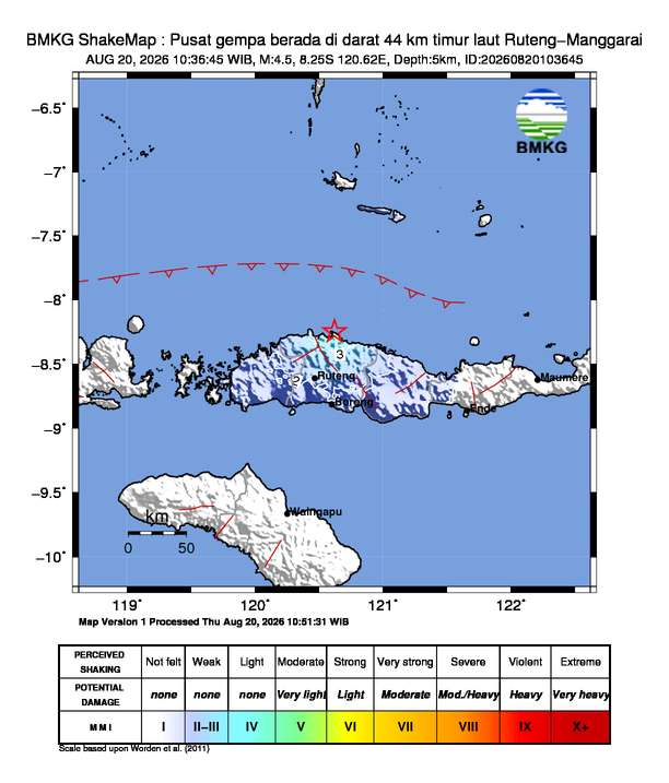Gempa Magnitudo 4.5, 44km dari timur laut Ruteng-Manggarai