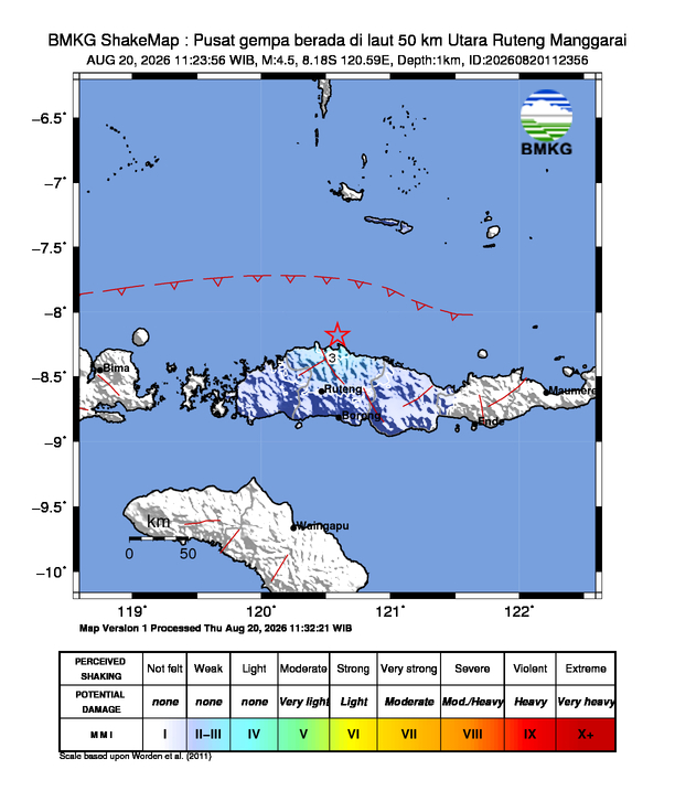 Gempa Magnitudo 4.5, 50km dari Utara Ruteng Manggarai