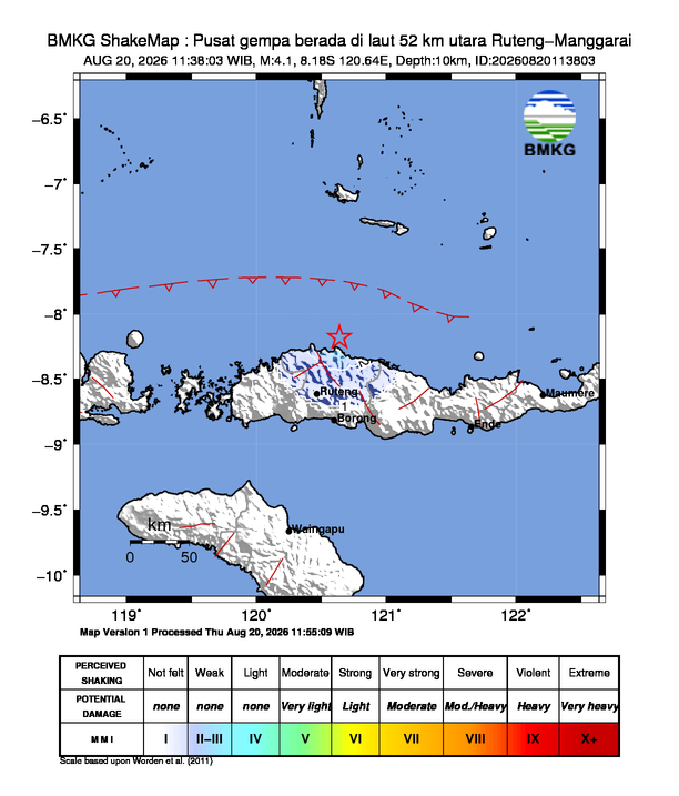 Gempa Magnitudo 4.1, 52km dari utara Ruteng-Manggarai