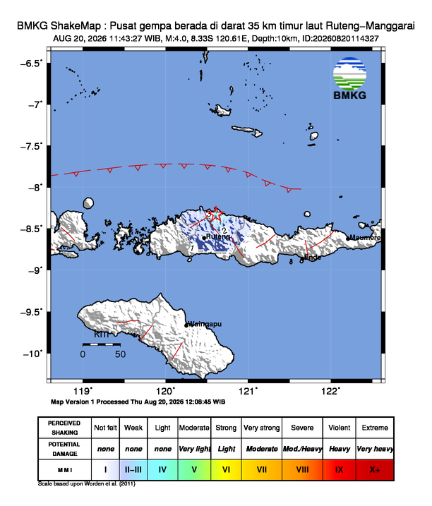 Gempa Magnitudo 4.0, 35km dari timur laut Ruteng-Manggarai