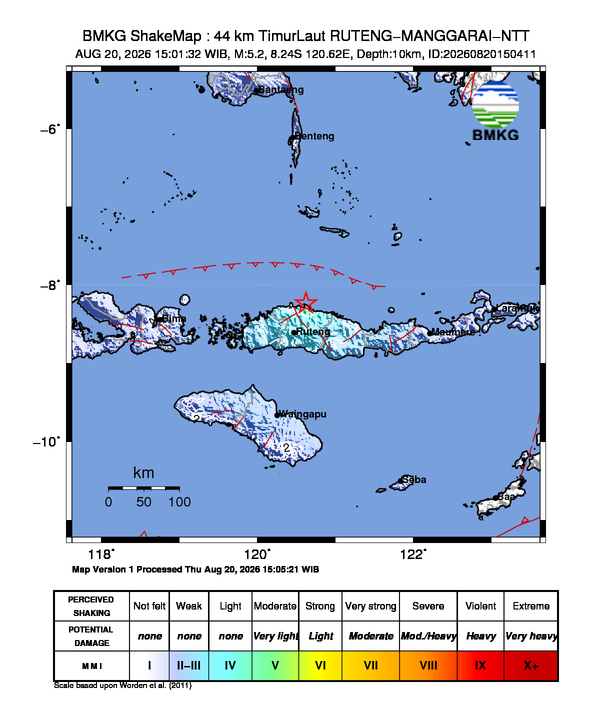 Gempa Magnitudo 5.2, 44km dari TimurLaut RUTENG-MANGGARAI-NTT