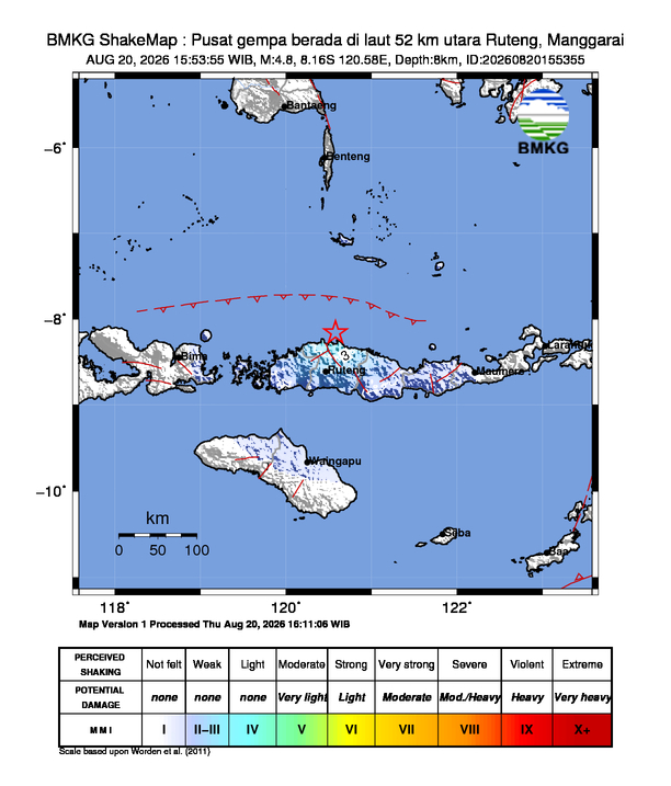 Gempa Magnitudo 4.8, 52km dari utara Ruteng, Manggarai