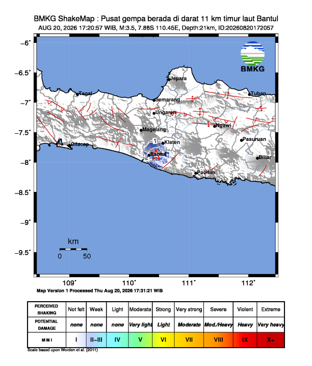 Gempa Magnitudo 3.5, 11km dari Timur laut Bantul, DIY