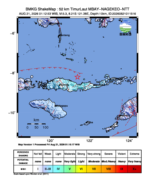 Gempa Magnitudo 5.3, 52km dari TimurLaut MBAY-NAGEKEO-NTT