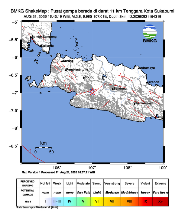 Gempa Magnitudo 2.8, 11km dari Tenggara Kota Sukabumi, Jawa Barat