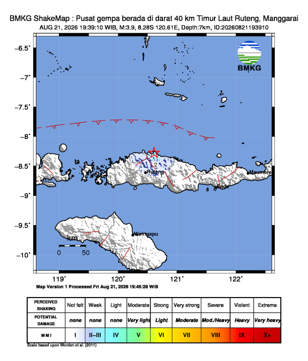 Gempa Magnitudo 3.9, 40km dari Timur Laut Ruteng, Manggarai