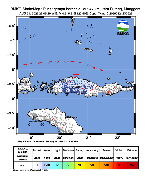 Gempa Magnitudo 4.3, 47km dari utara Ruteng, Manggarai