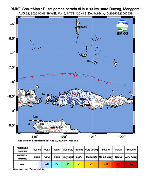 Gempa Magnitudo 4.5, 93km dari utara Ruteng, Manggarai