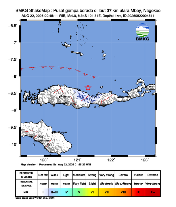Gempa Magnitudo 4.0, 37km dari utara Mbay, Nagekeo