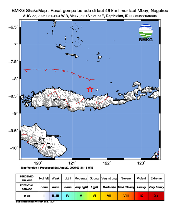 Gempa Magnitudo 3.7, 46km dari timur laut Mbay, Nagakeo, NTT