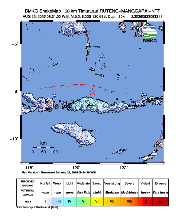 Gempa Magnitudo 5.2, 68km dari TimurLaut RUTENG-MANGGARAI-NTT