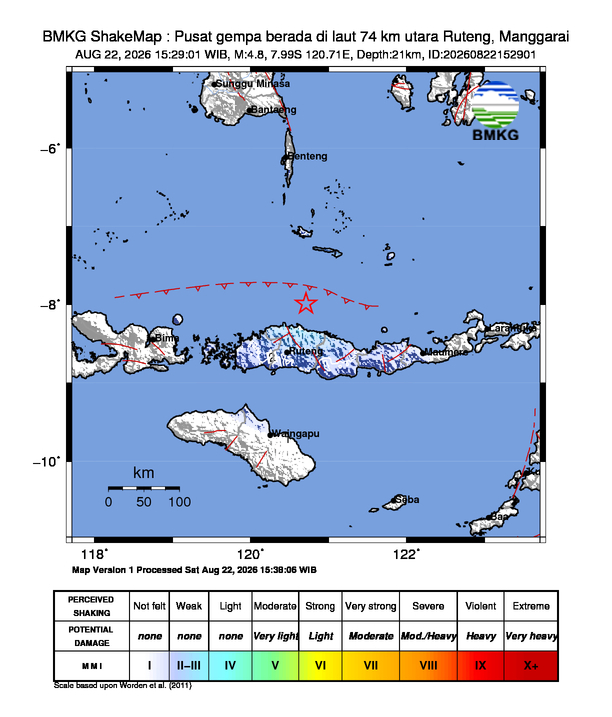 Gempa Magnitudo 4.8, 74km dari utara Ruteng, Manggarai