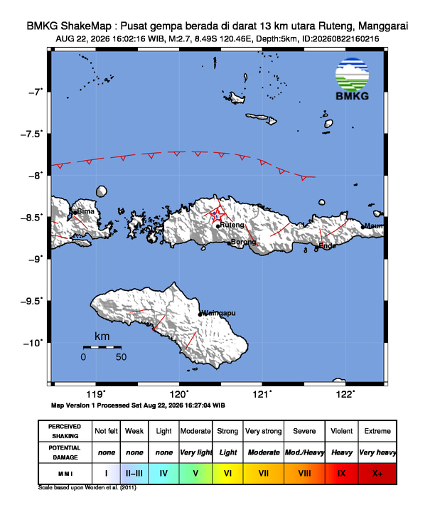 Gempa Magnitudo 2.7, 13km dari utara Ruteng, Manggarai