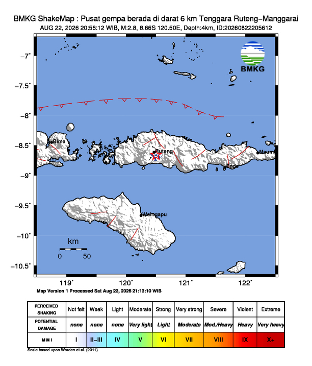 Gempa Magnitudo 2.8, 6km dari Tenggara Ruteng-Manggarai
