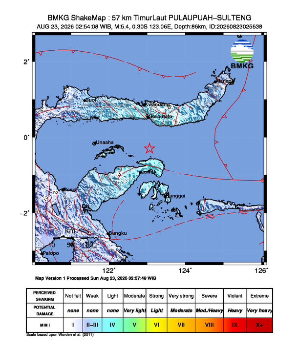 Peta gempa 57 km TimurLaut PULAUPUAH-SULTENG