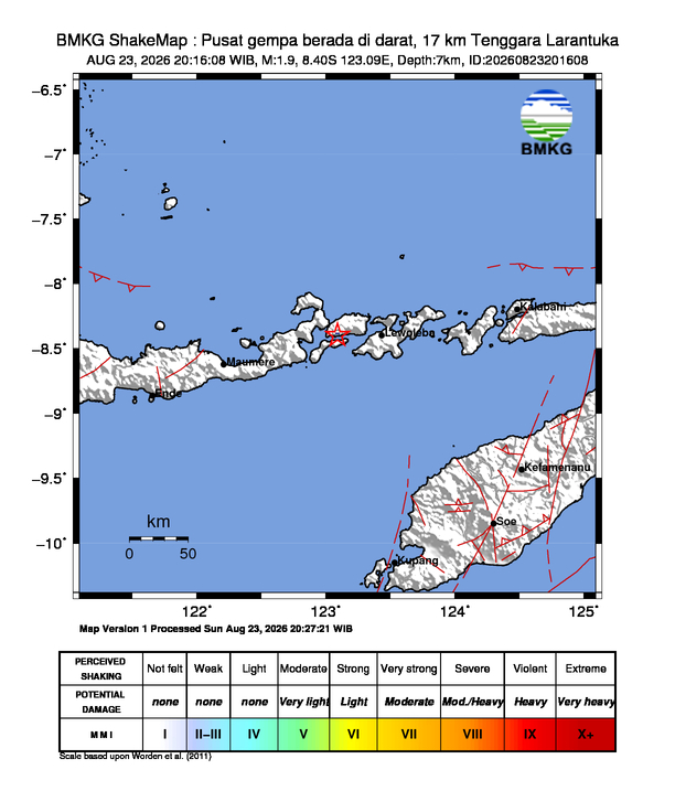 Gempa Magnitudo 1.9, Pusat gempa berada di darat, 17km dari Tenggara Larantuka