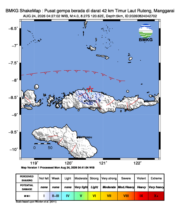 Gempa Magnitudo 4.0, 42km dari Timur Laut Ruteng, Manggarai