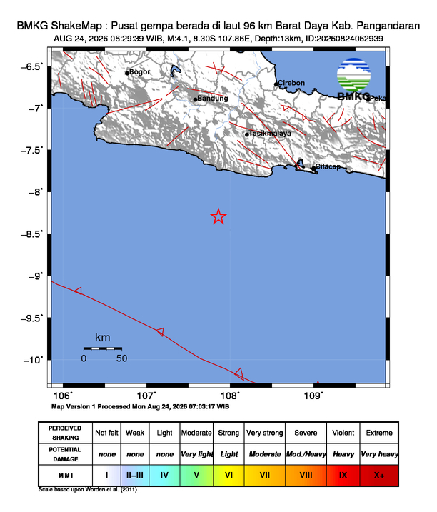 Gempa Magnitudo 4.1, 96km dari Barat Daya Kab. Pangandaran