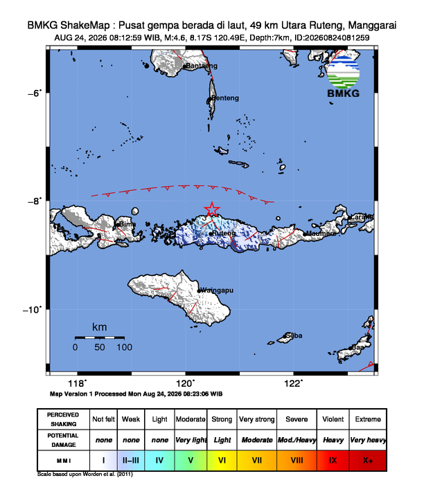 Gempa Magnitudo 4.6, Pusat gempa berada di laut, 49km dari Utara Ruteng, Manggarai
