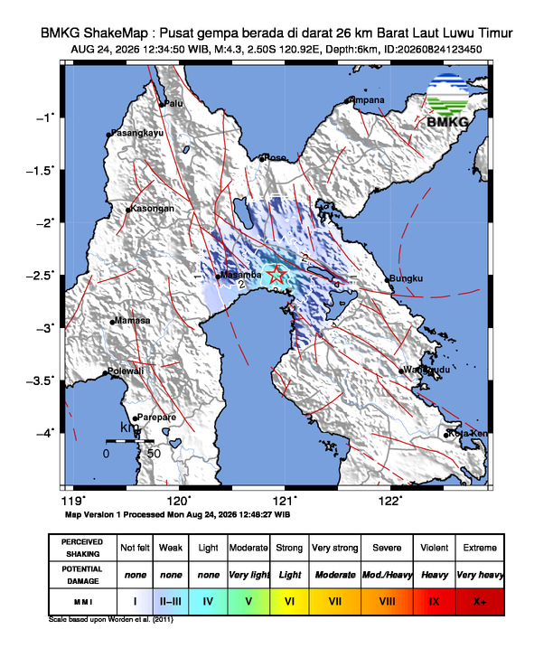 Gempa Magnitudo 4.3, 26km dari Barat Laut Luwu Timur
