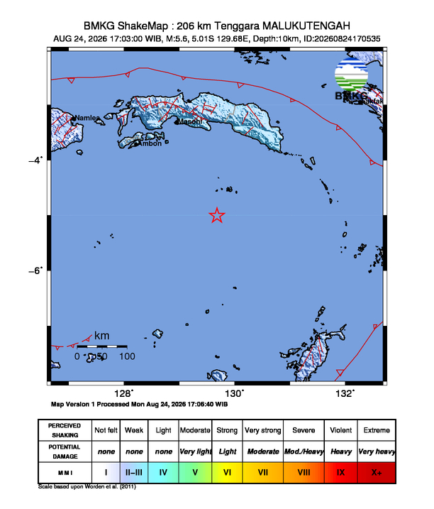 Peta gempa 206 km Tenggara MALUKUTENGAH