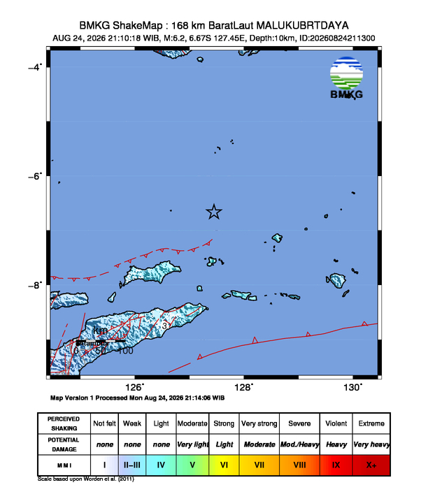 Peta gempa 168 km BaratLaut MALUKUBRTDAYA