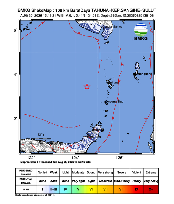 Peta gempa 108 km BaratDaya TAHUNA-KEP.SANGIHE-SULUT