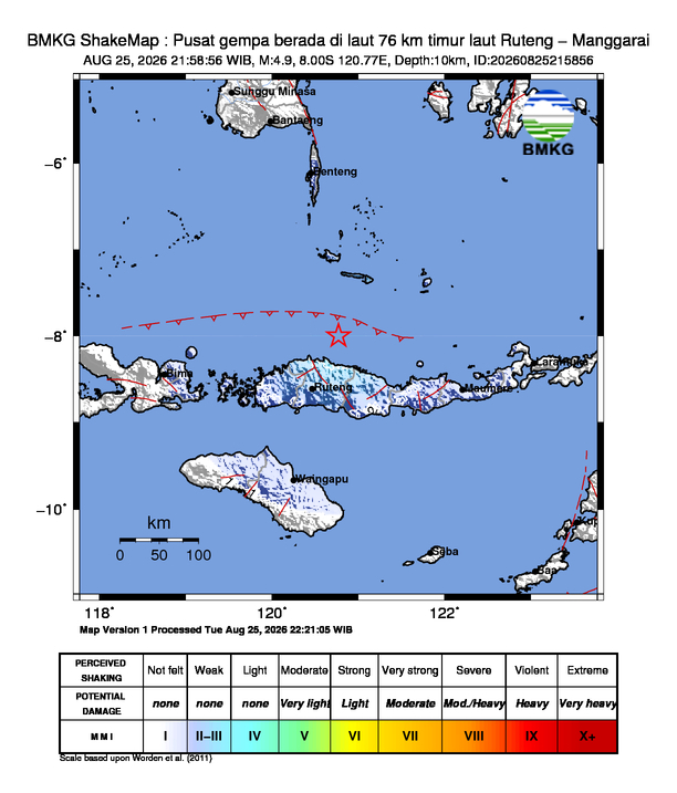 Gempa Magnitudo 4.9, 76km dari timur laut Ruteng - Manggarai